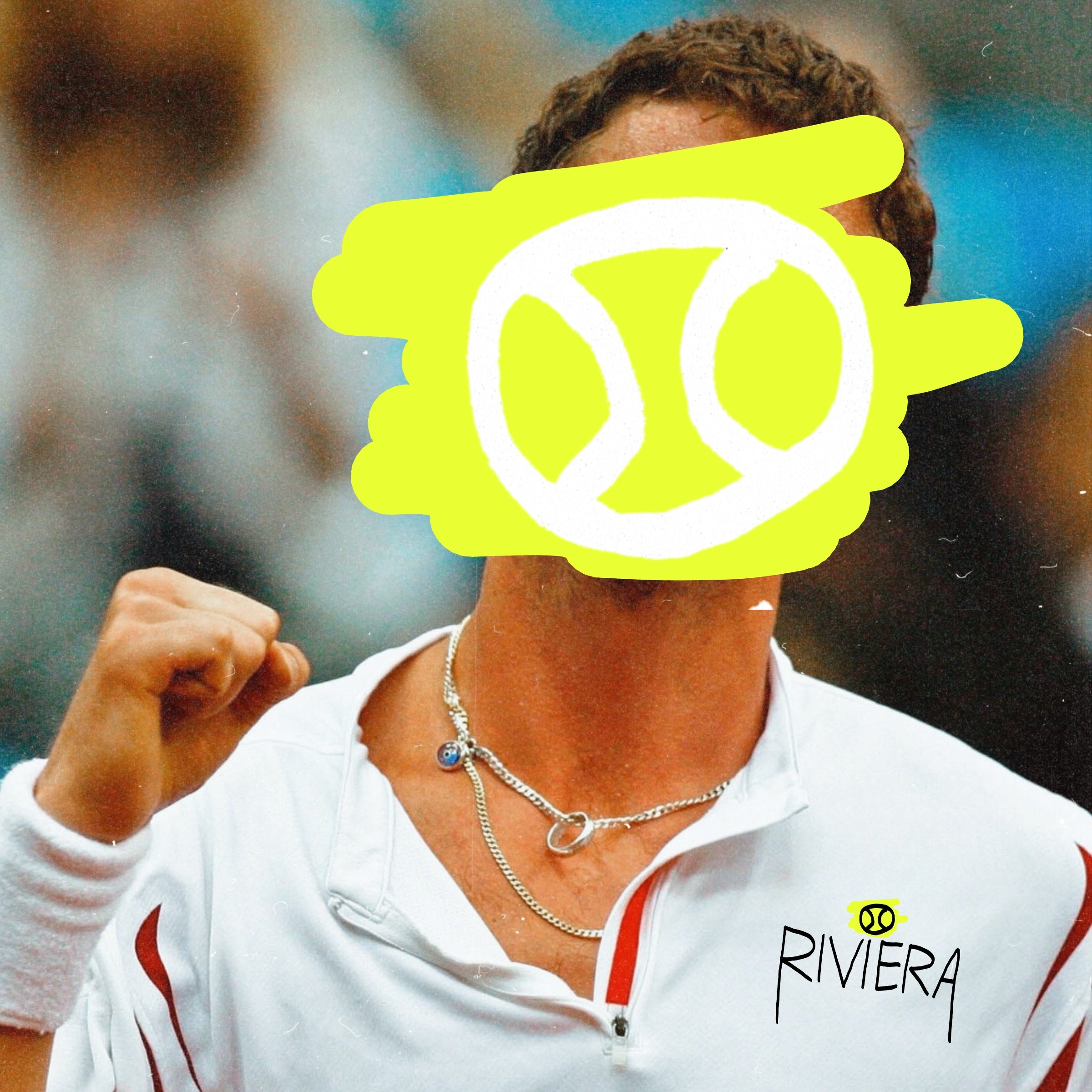 Tennis player fist pumping, with face covered by hand-sketched neon tennis ball.